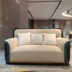 Modern Luxury Sofa Set with High-Gloss Natural Burl Wood Veneer, Gold Stainless Steel Trim & Dual-Tone Upholstery